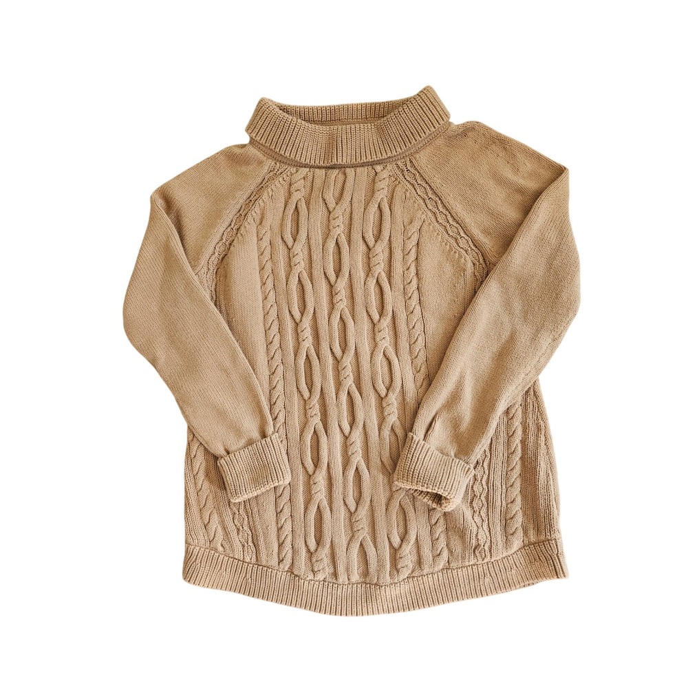Talbots Cable Knit Sweater Women MP Tan Mock Neck Cotton Fisherman Capsule